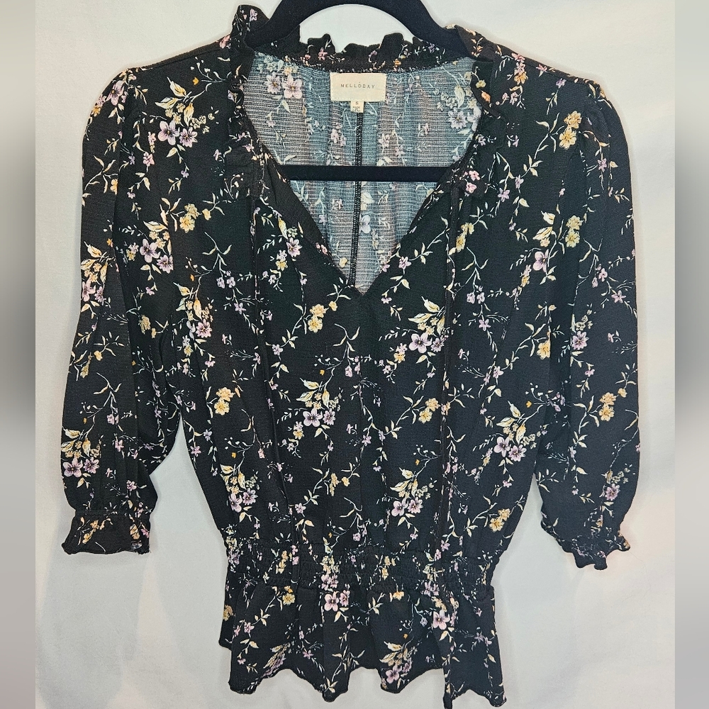 MELLODAY Black Floral Blouse